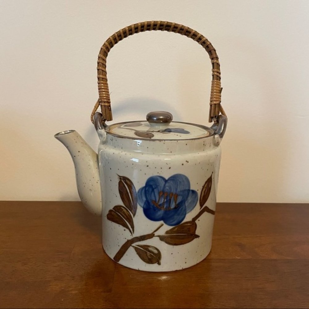 Vintage Ceramic Wicker Handle Tea Pot